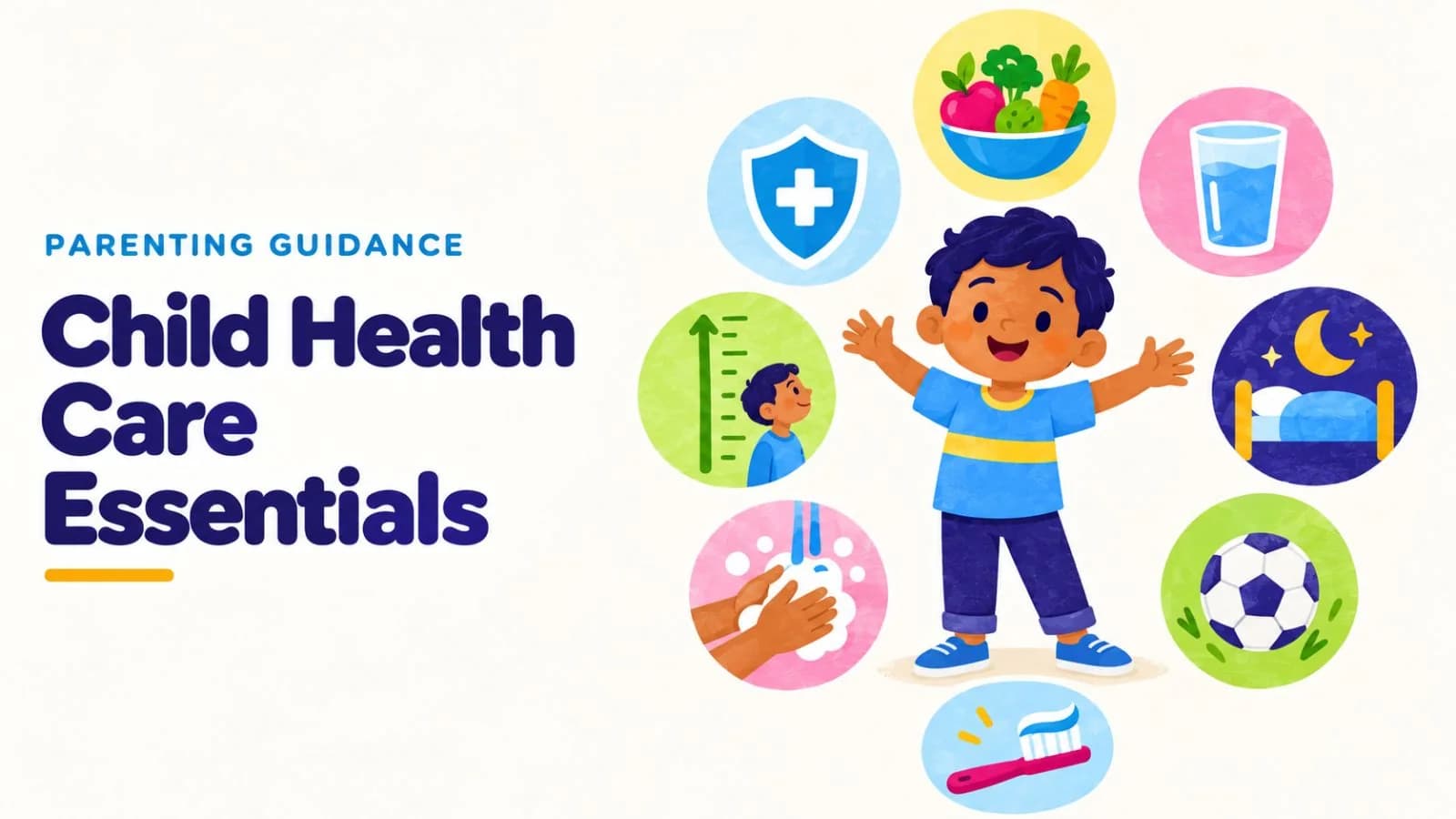Illustration of a happy child surrounded by icons for healthy food, water, sleep, play, handwashing, tooth brushing, growth and vaccination
