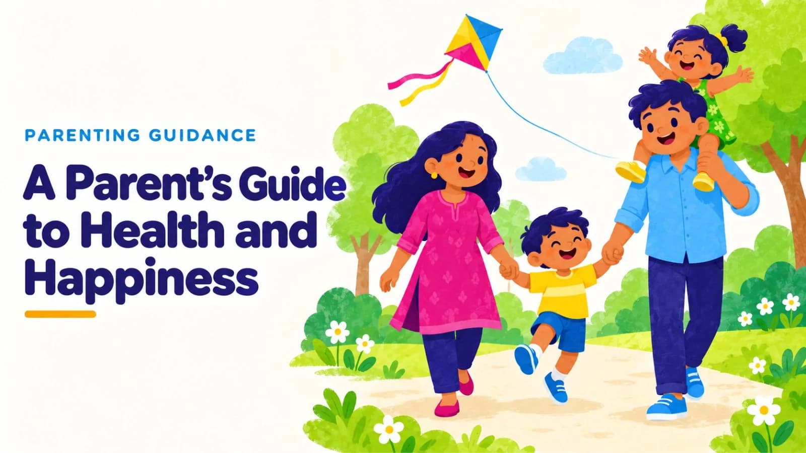 Illustration of a family of four walking happily in a park with a kite