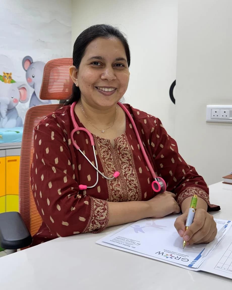 Dr. Nidhi Chauhan, pediatrician with a fellowship in neonatology, at her desk at GROW Children Hospital, Ahmedabad