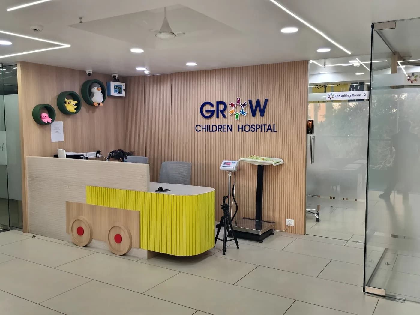 Reception desk and consulting rooms at GROW Children Hospital, Ahmedabad