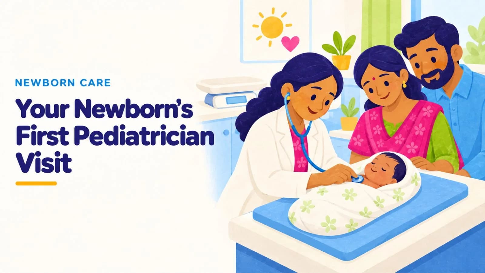 Illustration of a pediatrician examining a swaddled newborn while the parents watch