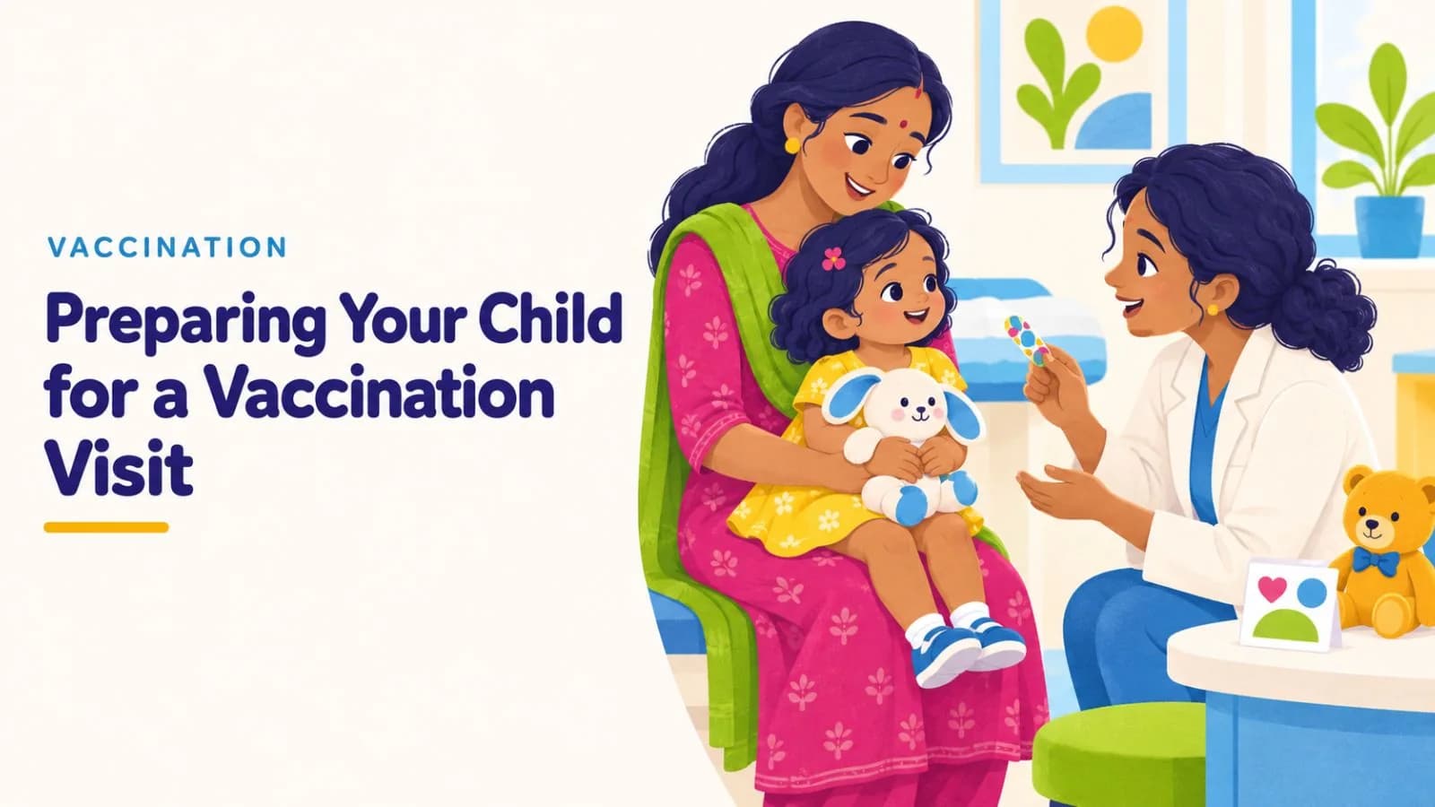 Illustration of a toddler on her mother's lap being reassured by a pediatrician before a vaccination