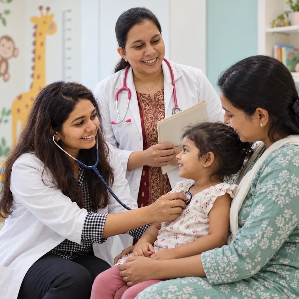 Two pediatricians at GROW Children Hospital with a smiling child and her mother during a check-up